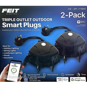 Feit Electric Triple Outlet Outdoor Smart Plugs, 2-Pack, WiFi, Controls Devices from Anywhere, Voice Control, Schedules, Timer, Compatible with Alexa and Google Home, Black