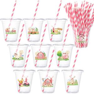 Yinder 50 Sets Pink Farm Animals Themed Party Plastic Cups with Lids 12 oz Disposable Clear Cups Pink Animal Farm Themed Party Favor Cups and Paper Straws