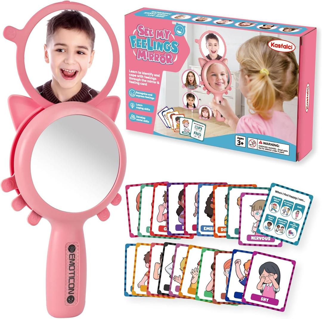 See My Feelings Mirror,Shatterproof Mirror for Kids,Social Emotional Learning Emotion Flash Cards,Autism Learning Materials,Anger Management Toys,Calm Down Corner Supplies for Classroom &Home (Pink)