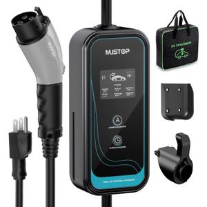 EV Charger Level 1 (NEMA 5-15 /15A /110V / 25ft),EVSE Adjustable Currents 6A-16A,IP65 Waterproof Home EV Charging Station, with LCD Screen and Timing Delay for All J1772 EVs