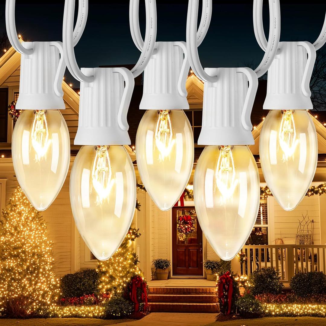 C9 Clear Christmas String Light Set, 100 Feet Vintage Christmas Tree Lights, Outdoor Roofline String Lights with 100 Clear Bulbs for Patio Garden Holiday Indoor Home Decorating, Not Connectable