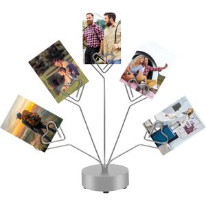 Desktop Heart-Shaped Photo Tree Style Holders Round Base,5-Branch Family Picture Frame Clips Holder Desk Card Display Stand for Christmas,Wedding, Birthday Party,Gift Silver