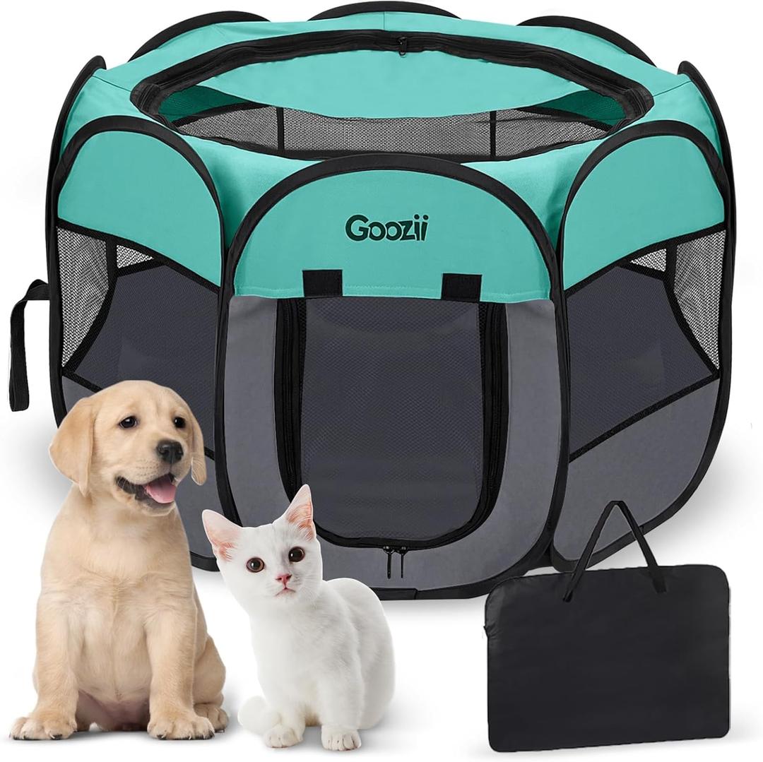 Goozii Pet Cat Playpen for Indoor Cats Enclosed, Puppy Dog Play Pen for Outdoor Travel Camping (Small Size, Green & Dark Grey)