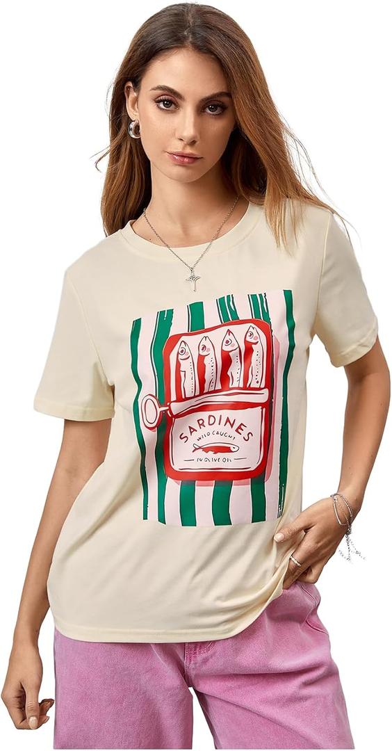 RoseSeek Women's Star Graphic Letter Print Tee Tops Casual Crewneck Short Sleeve T Shirt (Beige, L)