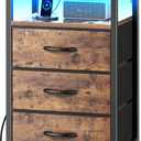 Huuger Night Stand with Charger Station and LED Lights, 3 Drawer Nightstand, Bed Side Table with Open Shelf, End Table, Tall Fabric Dresser for Bedroom, Rustic Brown (11.8"D x 15.7"W x 27.6"H3 Drawers)