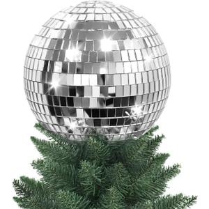 APUDWN 6 Inch Disco Ball Christmas Tree Topper, Retro Silver Reflective Disco Ornaments, Sparkling Mirror Ball Xmas Tree Topper for 70s Theme Party Home Wedding Indoor Outdoor Birthday Holiday Decor