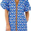 Wenrine Womens Summer Dresses Casual Floral Puff Sleeve V Neck Boho Loose Beach Mini Dress with Pockets (Blue, XXL)