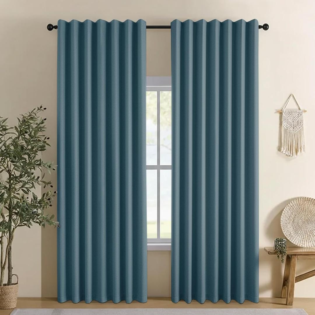 Linen 100% Blackout Curtains for Bedroom, Black Out Curtains 63 Inch Long 2 Panels Set, Back Tab/Rod Pocket Curtain for Living Room, Energy Efficient Curtain(52" W X 63" L, Teal)