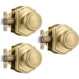3 Pack Gold Door Knobs with Camelot Trim,Interior Door Knob with Lock,Coastal Door knob for Hall & Closet, Satin Brass