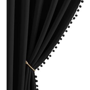NICETOWN 2 Panels Blackout Curtains, Rod Pocket Jet Black Pom-poms Curtain Drapes, Thermal Insulated Bohemian Style Drapes for Playroom, Kitchen, Nursery Room, 42 inches Wide by 63 inches Long