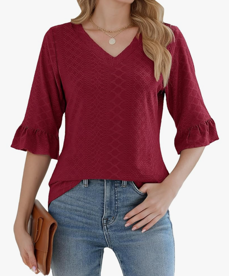 Womens 3/4 Flutter Sleeve Tops V Neck Shirts for Business Casual Loose Tunic Work Dressy Blouses Size 8