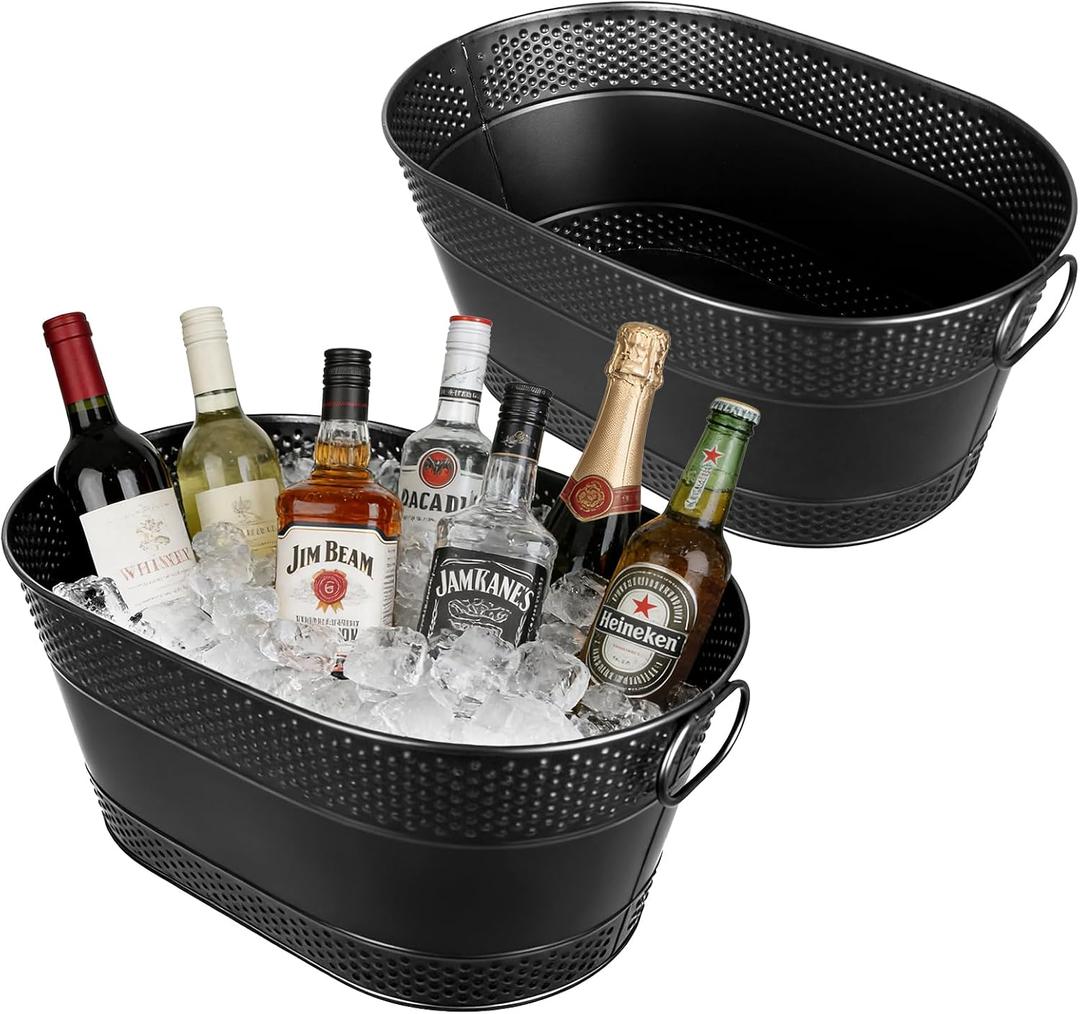 4 Gallon Galvanized Beverage Tub, 2 Pcs Heavy-Duty Black Ice Buckets Large Galvanized Drink Buckets Oval Metal Beverage Ice Tub with Handles for Catering Bars Parties (EXP 11/23/27)