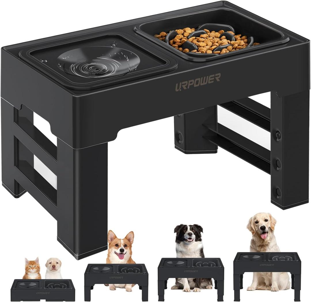 URPOWER 2-in-1 Elevated Slow Feeder Dog Bowls with No-Spill Water Bowl, 4 Height-Adjustable Raised Dog Bowls, Non-Slip Food and Water Bowls with Stand for Small, Medium, Large Dogs, Cats and Pets (Black)