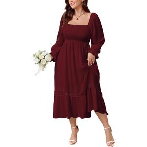 SCOMCHIC Womens Plus Size Fall Dresses Long Sleeve Square Neck Wedding Guest Smocked Flowy Boho Country Western Maxi Dress, Size 2XL