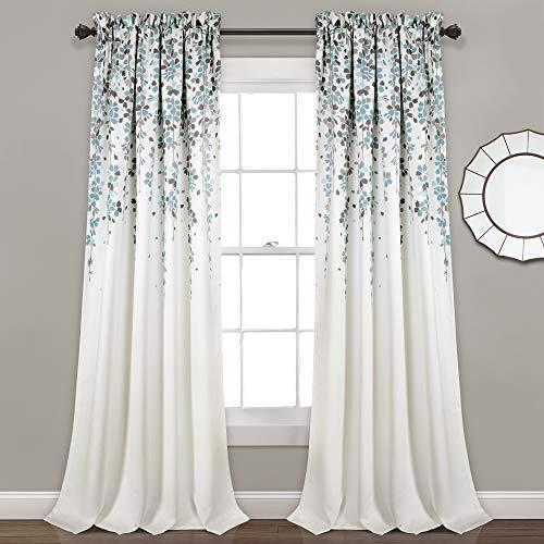 Lush Decor Weeping Flower Light Filtering Window Curtain Panels, Pair, 52"W x 108"L + 2" Header, Blue & Gray - Charming Modern Floral Curtains for Living Room, Dining Room, & Bedroom