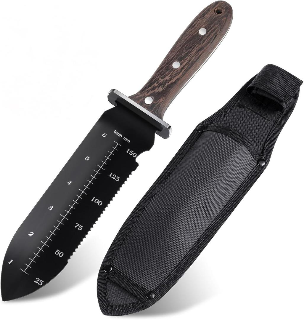 2 x Hori Hori Garden Knife, Garden Tools with Sheath for Planting,Weeding,Digging, 7" Stainless Steel Soil Knife with Cutting Edge, Full Tang Wood Handle with Hanging Hole, Black