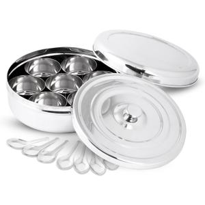 KSJONE Double Lid Spice Container Masala Dabba With 7 Compartments and 7 Spoons, Masala Box, Spice Container Box, Stainless Steel condiment box Indian with Double Lid, 7.3 inch
