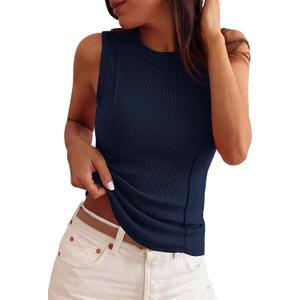 PRETTYGARDEN Sleeveless Tops for Women 2026 Summer Ribbed Tank Top Fitted Shirts Basic Tees Cute Spring Going Out Y2k Clothes (Blue, XS)