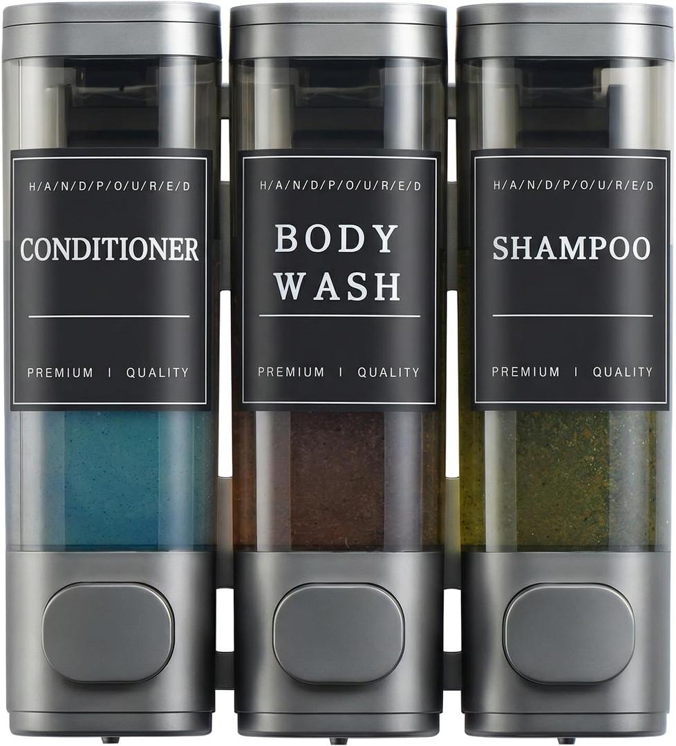 Shampoo and Conditioner Dispenser,Shower Soap Dispenser 3 Chamber No Drill Wall-Mounted for Bathroom & Hotel Leak-Proof Pumps, for Thick Liquids Like Conditioner - 1050ML High Capacity, Gun Gray
