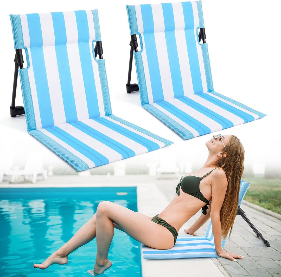 Karenhi 2 Pcs Foldable Poolside Chairs Portable Beach Chair Stripe Folding Lounge Seat with Back Support Edge of Pool Portable Flip Poolside Seat for Adult Traveling Camping Lawn (Blue and White), 1.33 ft x 1.33 ft x 0.36 ft
