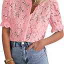 PRETTYGARDEN Womens 2026 Spring Lace Tops Short Puff Sleeve Casual Dressy Blouses Eyelet Crew Neck Button Down Shirts (Large, Pink)
