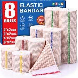 AZEN Premium 8 Pack Elastic Bandage Wrap (2x2", 2x3", 2x4", 2x6"), Compression Wrap Bandage for Legs, Ankle, Knee, Tummy, Body, Latex-Free, Lymphedema Wraps for Legs