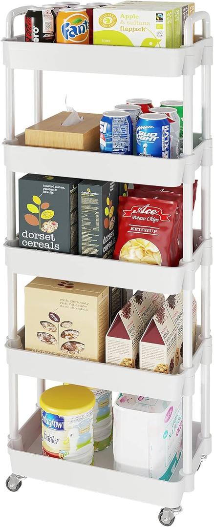Laiensia 5-Tier Rolling Cart with Wheels,Multifunction Utility Storage carts, Kitchen Storage Organizer,Mobile Shelving Unit for Bathroom,Laundry,with Classified Stickers,White