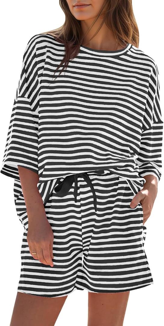Fisoew Womens Striped 2 Piece Outfits Sweatsuits 3/4 Sleeve Oversized Tops High Waisted Shorts Casual Lounge Sets (Black)