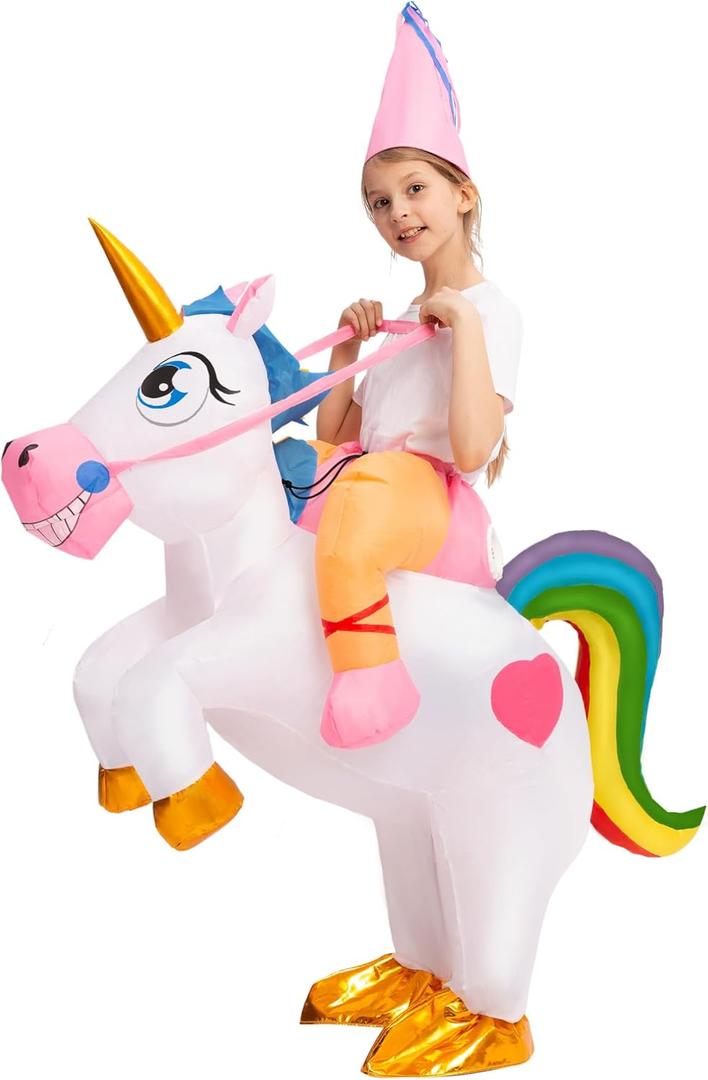 Spooktacular Creations Kids Inflatable Halloween Costume, Riding a Unicorn, Colorful Air Blow-up Set with Hat Hallowen Party (White)