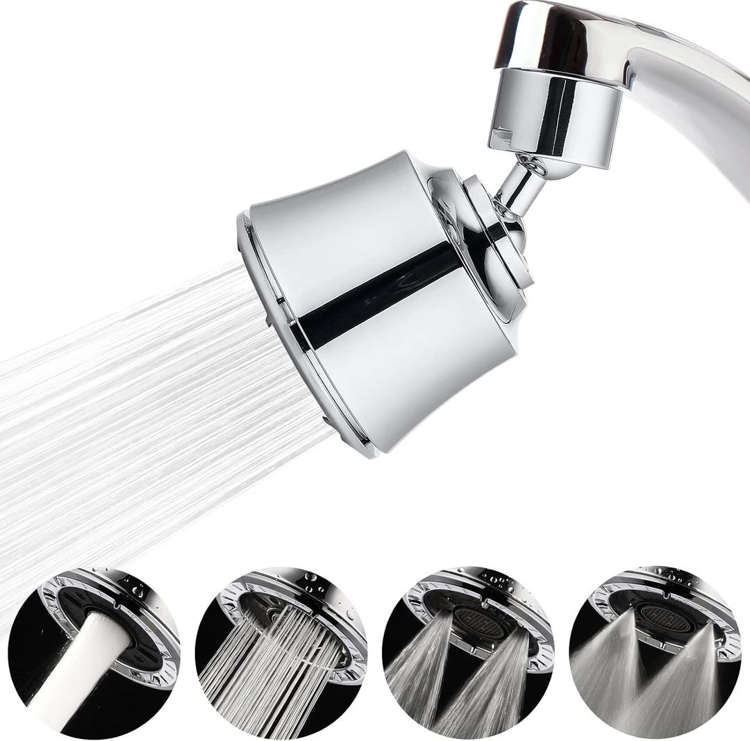 Houtingmaan Kitchen Sink Faucet Aerator with 2 Ball Joint, Big Angle Swivel Faucet Head Replacement with 4 Spray Models, 55/64-27UNS Famale Thread - Chrome