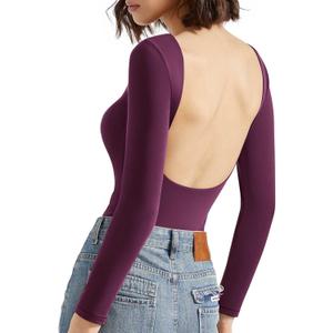 SUUKSESS Women Backless Y2k Long Sleeve Bodysuit Double Lined Open Back Sexy Basic Top (Medium, Plum)