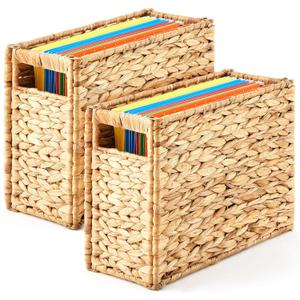 2 Pack Water Hyacinth Hanging File Box 14.5 x 6 x 10.8 Inch Decorative File Basket Woven Document Organizer with Handle Collapsible Letter Size Filing for Office Home Storage Decor