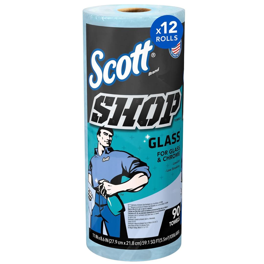 Scott Shop Original Glass Towels (32896), Blue, Cloth-like Paper Towel for Mirrors and Chrome, 8.6"x11" Wipe (12 Rolls of 90 Sheets, 1,080 Sheet Total)