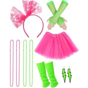 Tatuo 80s Fancy Women Tutu Skirt Accessories Costume Party Outfit Carnival Leg Warmers Headband Gloves Earrings Necklace(Rose Red, Fluorescence Green),4-6 Y