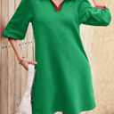 Wenrine Womens 3/4 Sleeve Mini Dress Casual V Neck Collared Textured Loose Fall A Line Argyle Dresses with Pockets (Green)