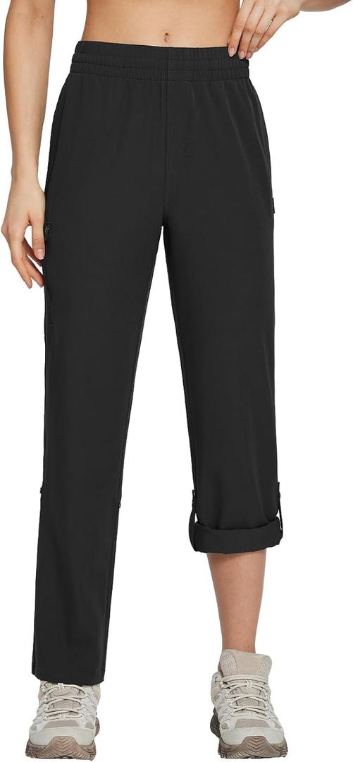 baleaf Women's Hiking Water Resistant Pants UPF Roll Up Convertible Capri Pant Quick Dry Zipper Pockets Travel Fishing (Medium, Black)