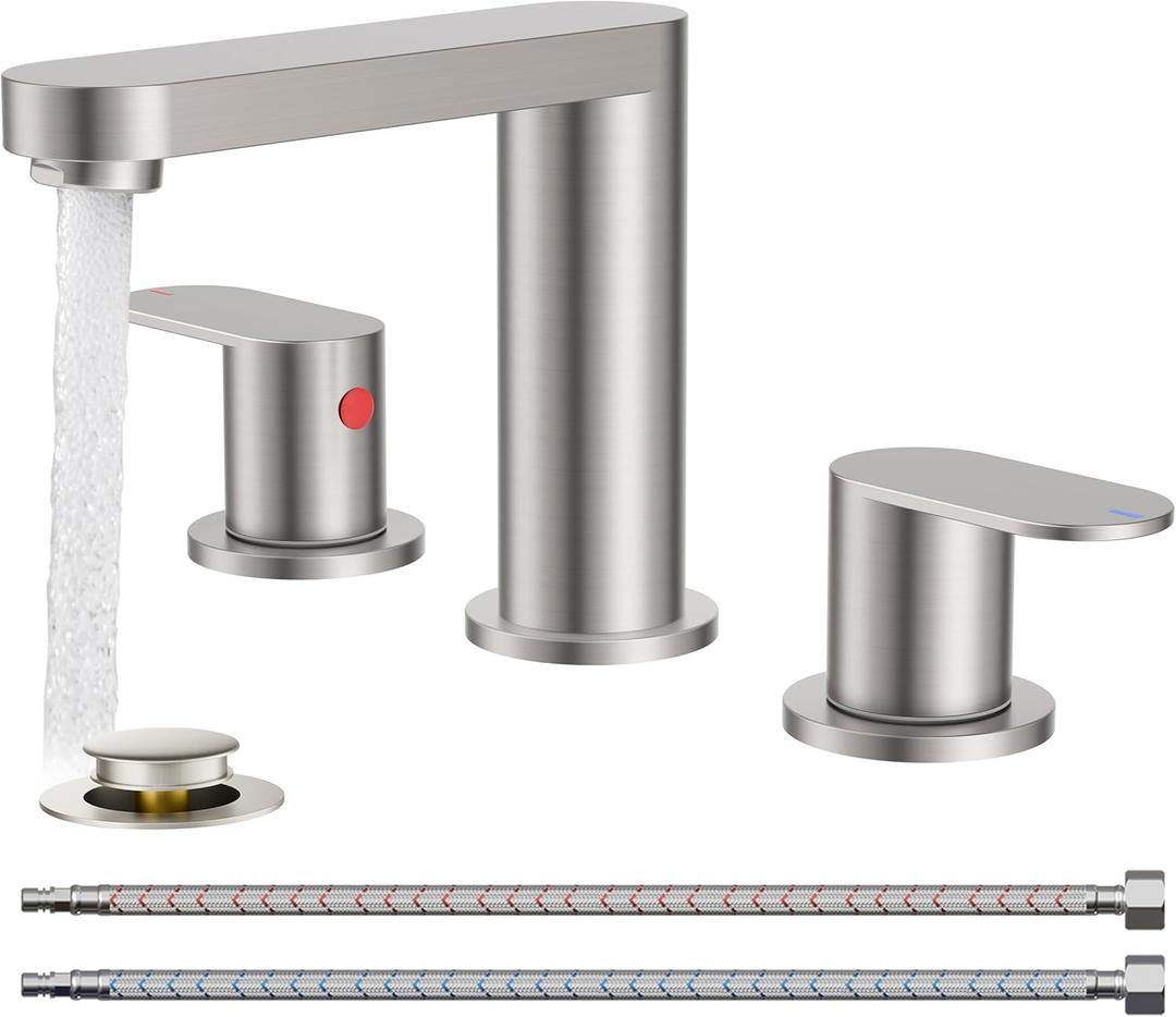 QFN Brushed Nickel Bathroom Faucets 3 Hole, 8 inch Widespread Bathroom Faucet with Pop Up Drain and 24" cUPC Supply Hoses, Lead-Free Two Handles Suitable for 6-12 Inch RV, Restroom, Vanity Sink (Stainless Steel)