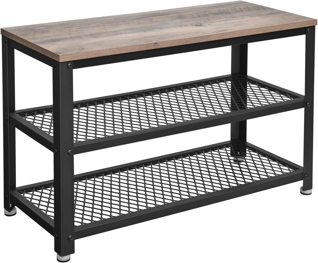 VASAGLE 3-Tier Shoe Rack, Shelf Storage Bench with Metal Mesh Shelves and Seat, Free Standing Shoe Organizer for Entryway, 11.8 x 28.7 x 17.7 Inches, Greige and Black ULBS73MB