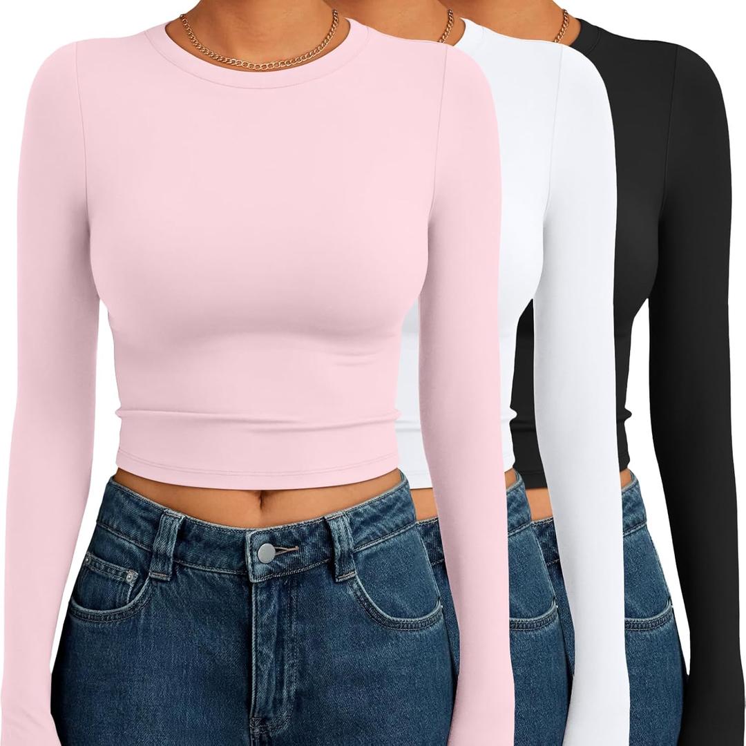 AUTOMET 3 Pack Womens Long Sleeve Shirts Y2K Going Out Crop Tops Cute Basic Slim Fitted Fall Fashion Outfits 2026 Clothes (Small, Pinkwhiteblack)