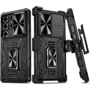 VEGO for Samsung Galaxy S25 Ultra Case, with Slide Camera Protector & Belt Clip Holster & 360° Rotatable Ring Kickstand Military Grade Heavy Duty Protection Cover - Black