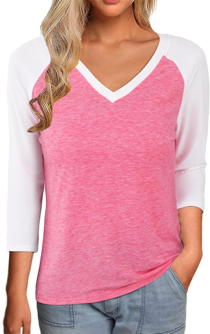 LilyCoco Womens 3/4 Sleeve V Neck T Shirts Casual Color Block Raglan Shirt Pink, Small
