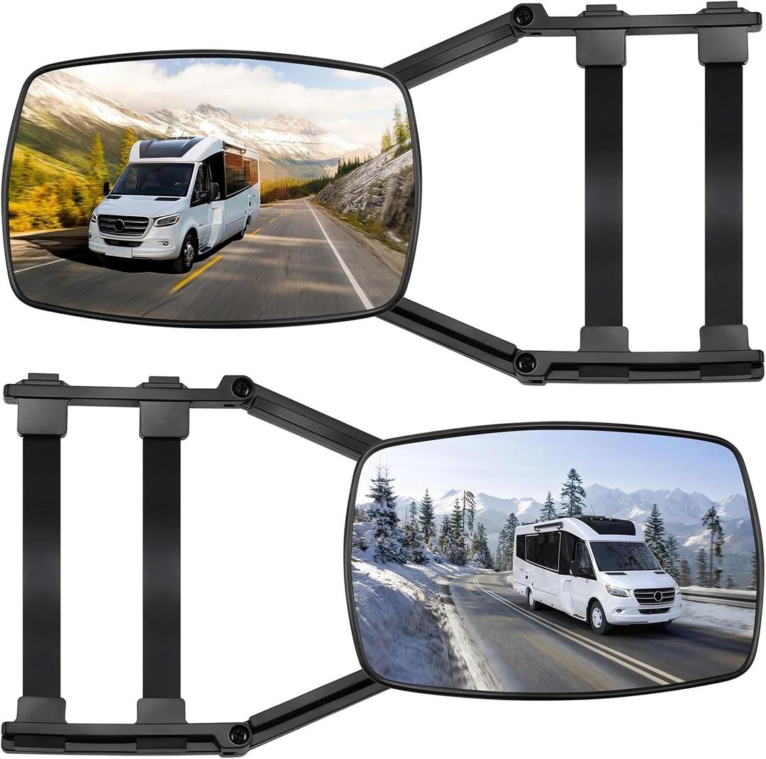 Car Towing Mirrors, 2Pcs Black, Extendable Towing Mirrors for Trucks & SUVs, Clip-On/Strap-On Universal Fit, Frameless Glass for Wider View, Anti-Vibration, Easy Installation