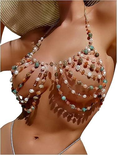 WDIRARA Women's Pearl Beaded Halter Bikini Top Sleeveless Backless Beach Cover Up Tops (Medium, Multicolor)
