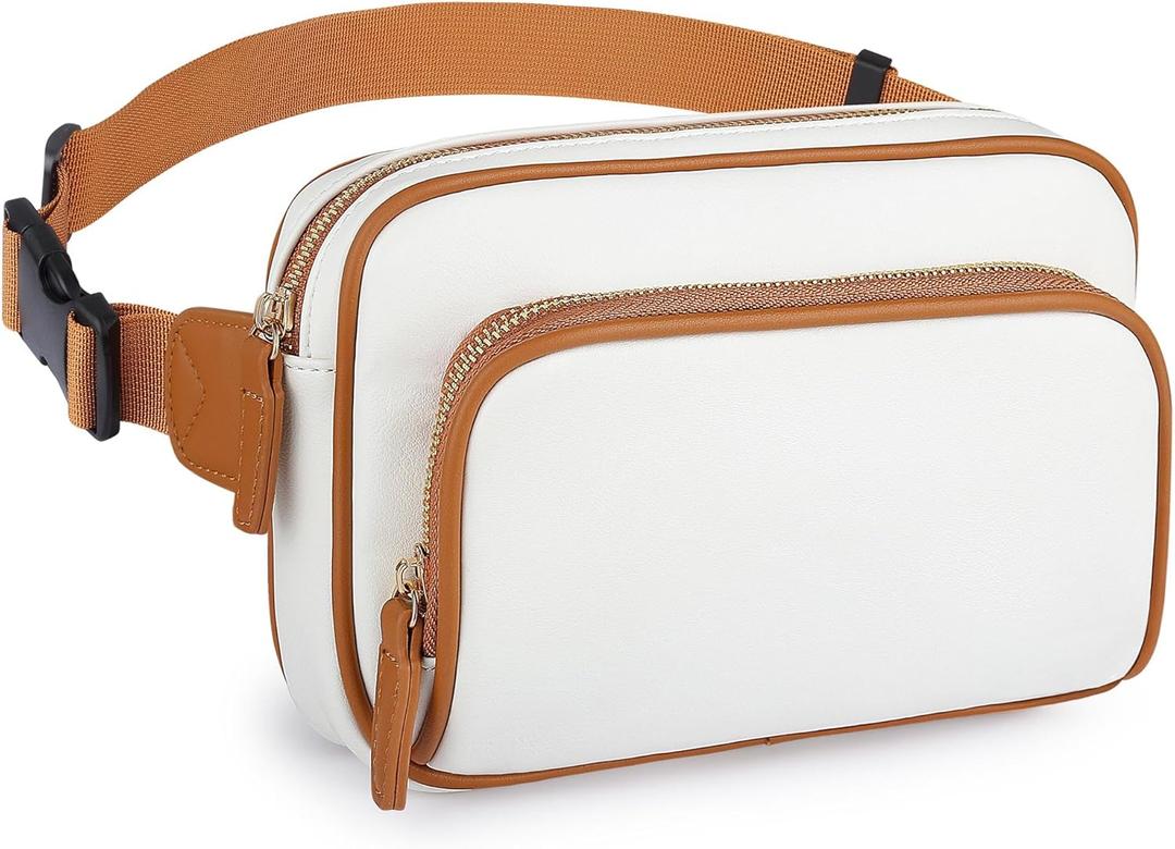 Fanny Packs for Women, Leather Fanny Pack Belt Bag for Women Men with 5 Zipper Pockets Adjustable Belts 4 Card Slots, White Fanny Pack Crossbody Fashion Waist Packs for Running Disney Hiking