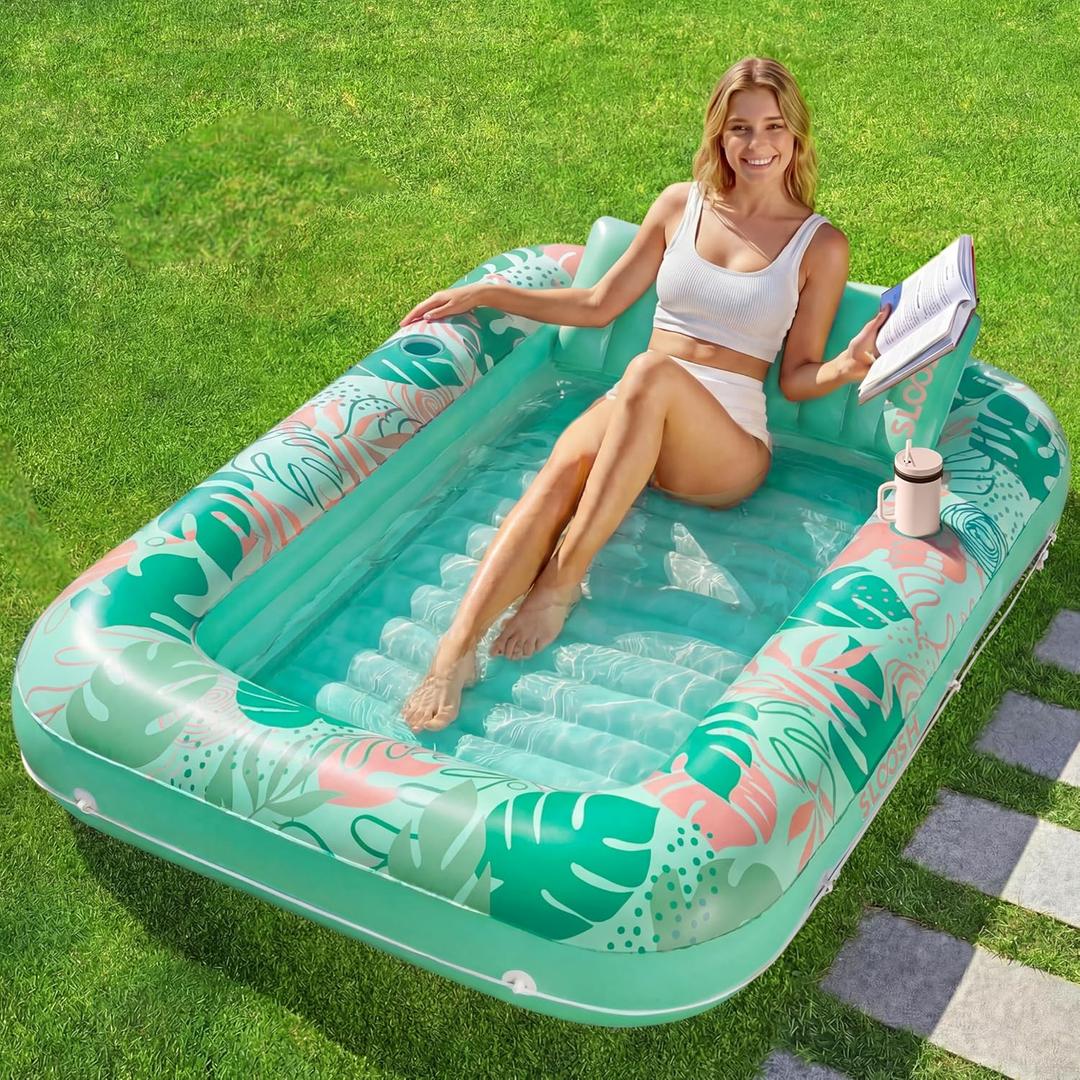 SLOOSH Inflatable Tanning Pool Lounger Float, 70" x 46" Pool Floats Adult with Pillow, 4 in 1 Suntan Tub Raft Floatie,Sunbathing Bed Lounge for Water Blow Up Ball Pit Party Gifts, L-Aqua Blue