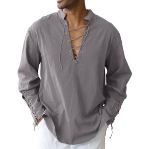 Men's Cotton Linen Shirt Drawstring Arm Banded Tops Medieval Viking Pirate Renaissance Halloween Costume (Medium, Gray)