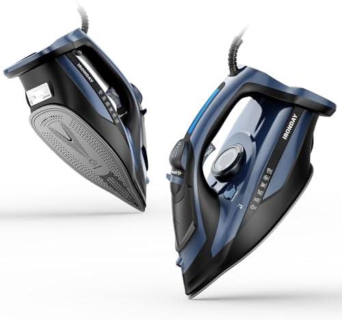 IRONDAY Steam Iron for Clothes Fast Heating, 1700W Iron Precision with Thermostat Dial, Ceramic Soleplate, Auto shutoff, Burst Steam, Self-Cleaning, 15.21oz Water Tank Ironing Clothes for Home, Blue