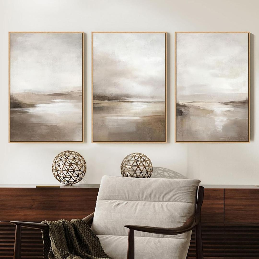 SAFERRYHOME Neutral Abstract Framed Wall Art - Minimalist Modern Nordic Calm Canvas Print Set, Landscape Shapes Earth Tone Illustrations Decor for Living Room, Bedroom - 3 Panels 16x24 Inch