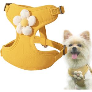 Cute Small Dog Harness with Daisy Embroidery, Breathable Dog Vest Adjustable Pet Puppy Harness Suitable for Walking, Running, Training, Everyday Wear (Yellow) S