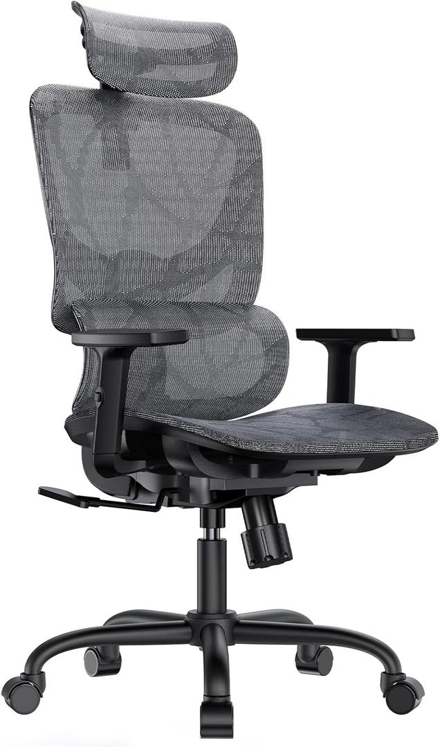 HUANUO Ergonomic Office Chair  High Back Mesh Chair with 5-Level Lumbar Support, Adjustable Headrest & Armrests, Rocking Tilt, Comfortable Computer Desk Chair for Home Office or Gaming